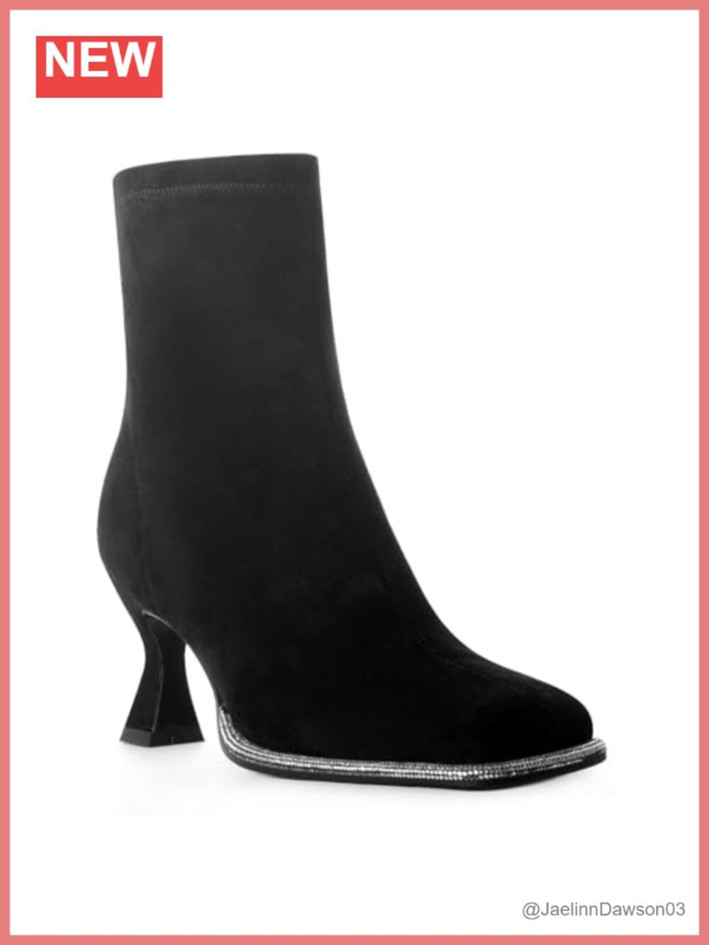 Square Toe Ankle Boots Faux Suede Rhinestone Side Zip Heeled Booties